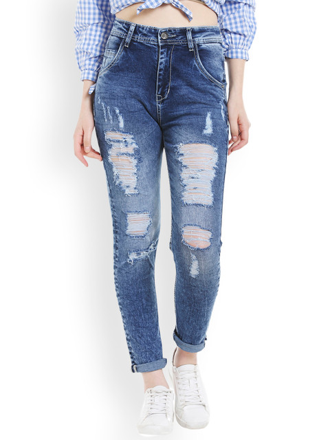 

TARAMA Women Blue Boyfriend Fit High-Rise Highly Distressed Stretchable Jeans