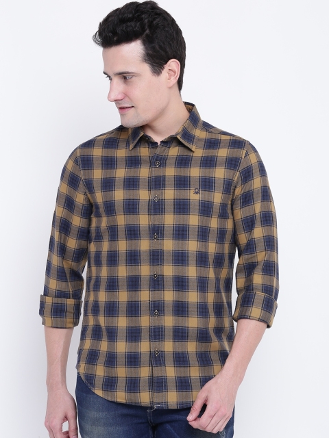 

United Colors of Benetton Men Mustard Yellow & Navy Slim Fit Checked Casual Shirt