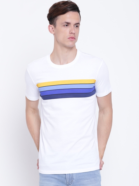 United Colors of Benetton Men White Striped Round Neck T-shirt