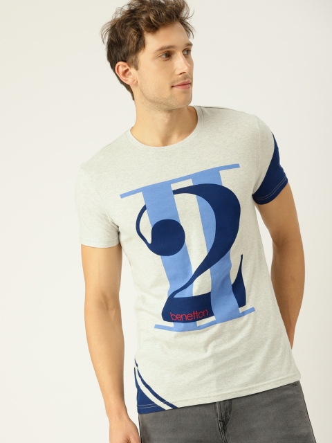 

United Colors of Benetton Men Grey Melange Printed Round Neck T-shirt