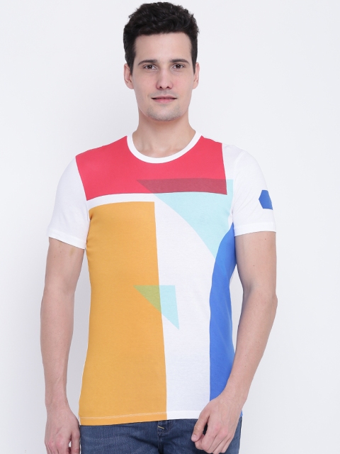 

United Colors of Benetton Men White & Mustard Yellow Colourblocked T-shirt
