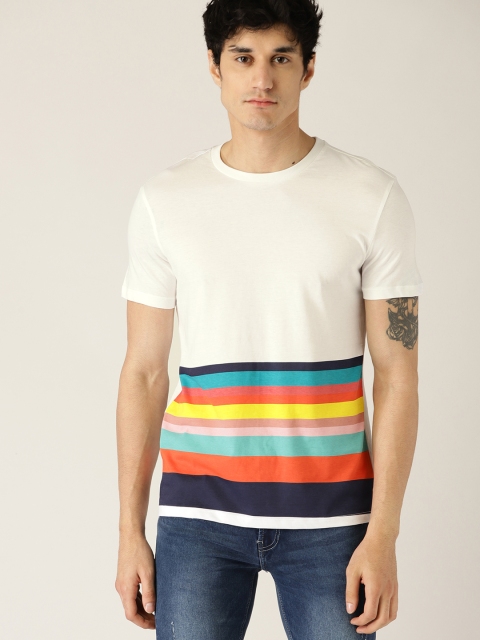 

United Colors of Benetton Men White Striped Round Neck T-shirt