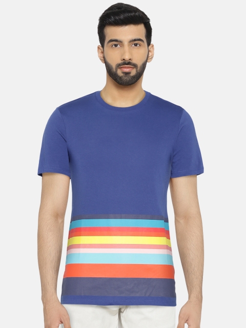 

United Colors of Benetton Men Blue Striped Round Neck Pure Cotton T-shirt