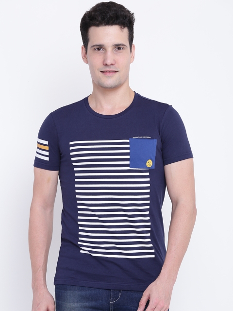 

United Colors of Benetton Men Navy Striped Round Neck T-shirt, Navy blue