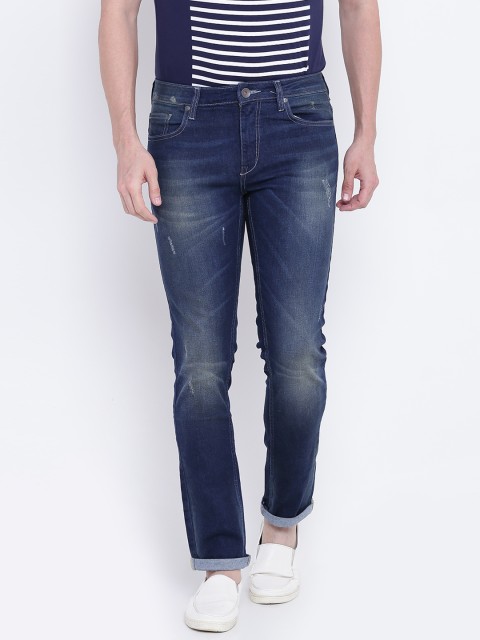 

United Colors of Benetton Men Navy Skinny Fit Mid-Rise Low Distress Stretchable Jeans, Navy blue