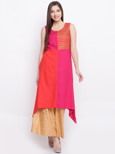 

RANGMANCH BY PANTALOONS Women Pink & Orange Colourblocked A-Line Kurta