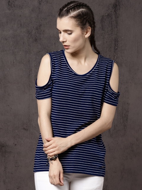 

Roadster Women Navy Blue Striped Round Neck T-shirt
