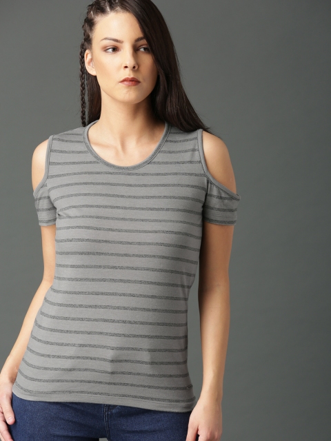 

Roadster Women Grey Striped Cold-Shoulder Top