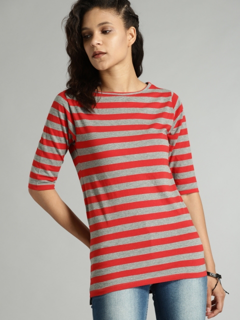 

Roadster Women Red Striped Round Neck T-shirt