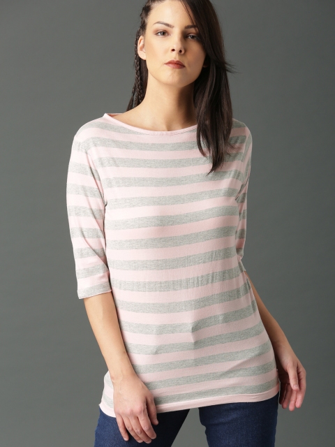 

Roadster Women Pink Grey Striped Boat Neck Pure Cotton T-shirt