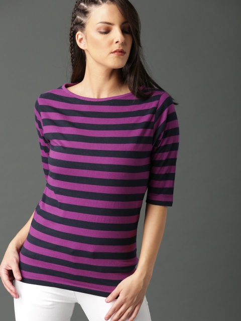 

Roadster Women Purple Striped Boat Neck Pure Cotton T-shirt