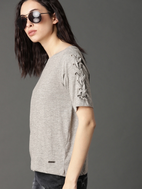 

Roadster Women Grey Melange T-shirt with Lacing