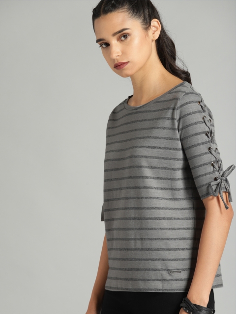 

Roadster Women Charcoal & Black Striped Styled Sleeve Round Neck Top