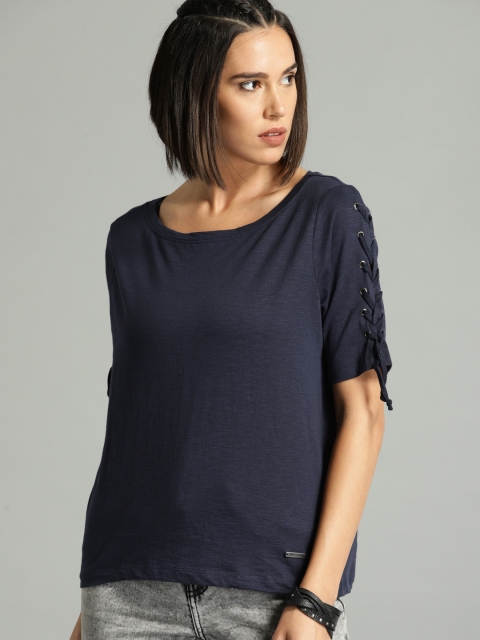

Roadster Women Navy Blue Solid Pure Cotton Top