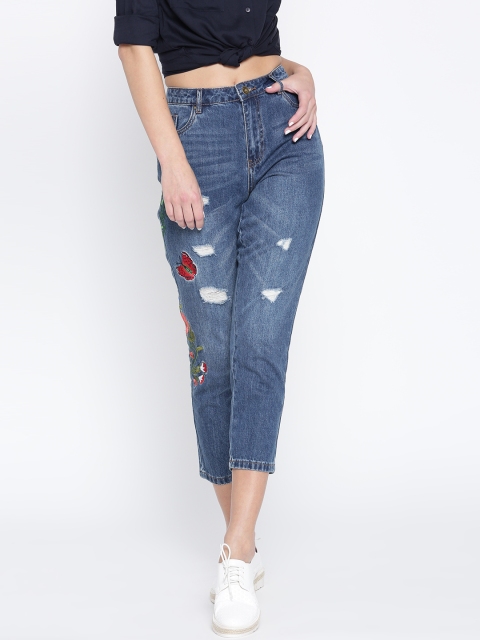 

ONLY Women Blue Boyfriend Fit Mid-Rise Low Distressed Cropped Jeans