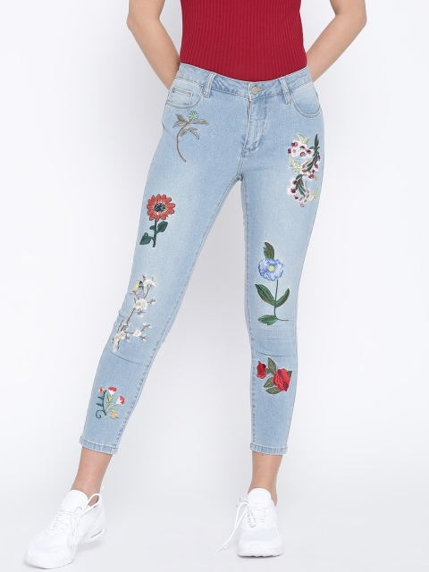 

ONLY Women Blue Skinny Fit Mid-Rise Embroidered Clean Look Cropped Jeans