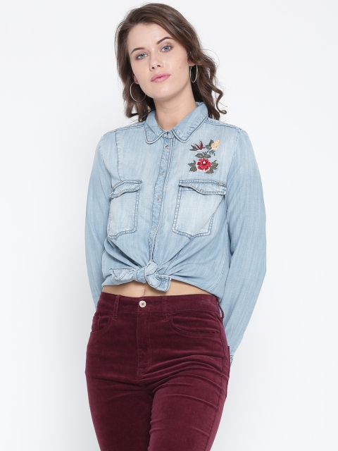 

ONLY Women Blue Embroidered Faded Denim Shirt