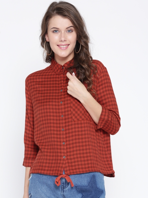 

ONLY Women Orange & Brown Checked Casual Shirt