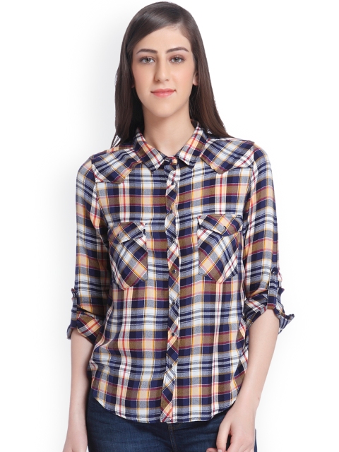 

ONLY Women Navy Blue & White Regular Fit Checked Casual Shirt