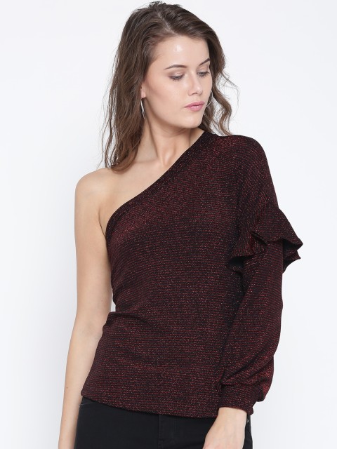 

ONLY Women Black & Red Striped Fitted One-Shoulder Top