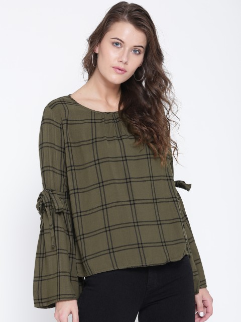 

ONLY Women Olive Green & Black Checked Top