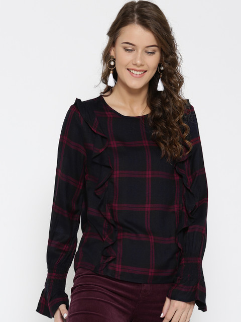 

ONLY Women Navy & Pink Checked Top, Navy blue