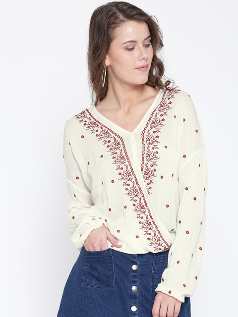

ONLY Women Off-White Embroidered Wrap Top