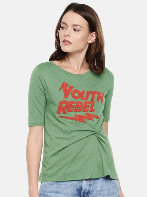 

ONLY Women Olive Green Printed Round Neck T-shirt