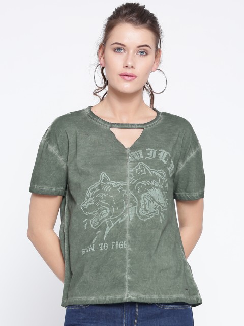 

ONLY Women Olive Green Printed Pure Cotton Top