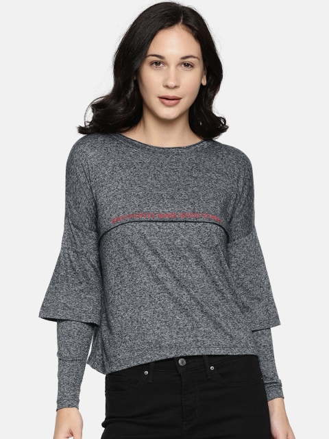 

ONLY Women Charcoal Grey Solid Round Neck T-shirt with Layered Sleeves