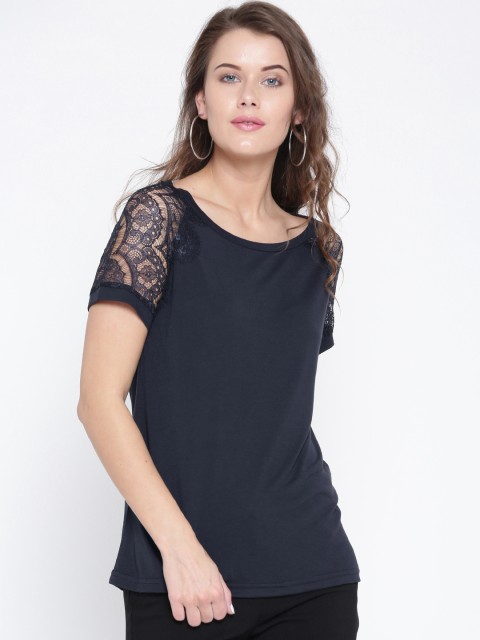 

ONLY Women Navy Blue Solid Lace Sleeve Top