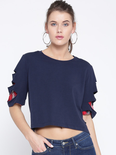 

ONLY Women Navy Blue Printed Back Crop Top