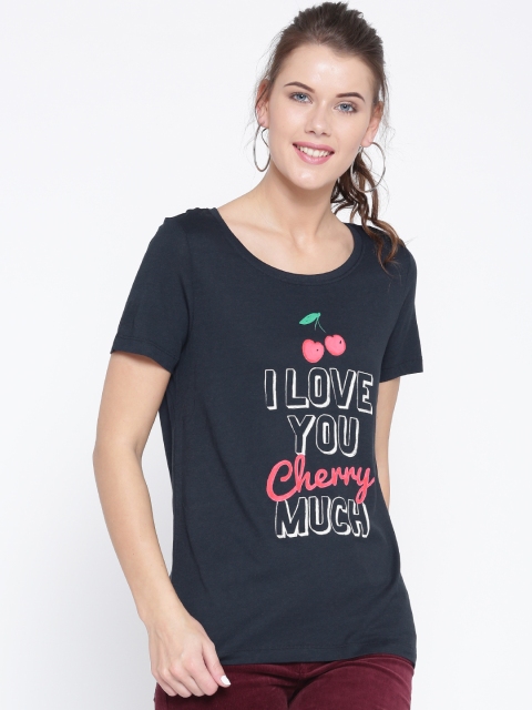 

ONLY Women Navy Blue Printed Round Neck T-shirt