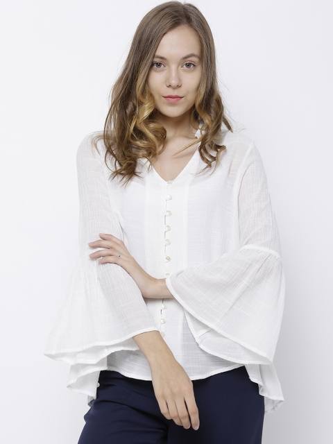 

Tokyo Talkies Women Off-White V Neck Bell Sleeve Solid Top