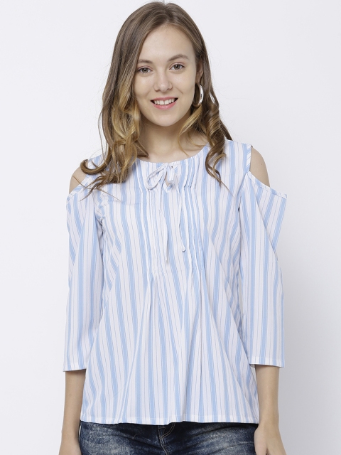 

Tokyo Talkies Women White Striped Cold Shoulder Top