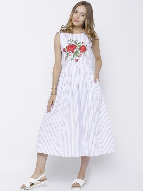 

Tokyo Talkies Women White & Blue Striped Midi Dress