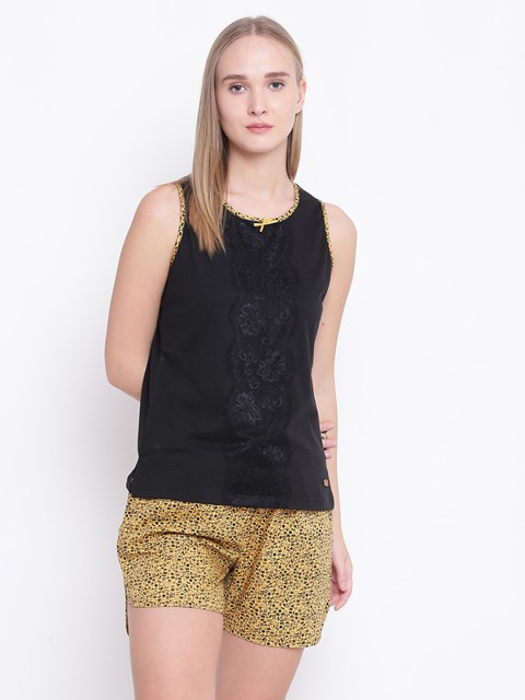 

MADAME M SECRET Black & Mustard Yellow Printed Night Suit S7S30015 002