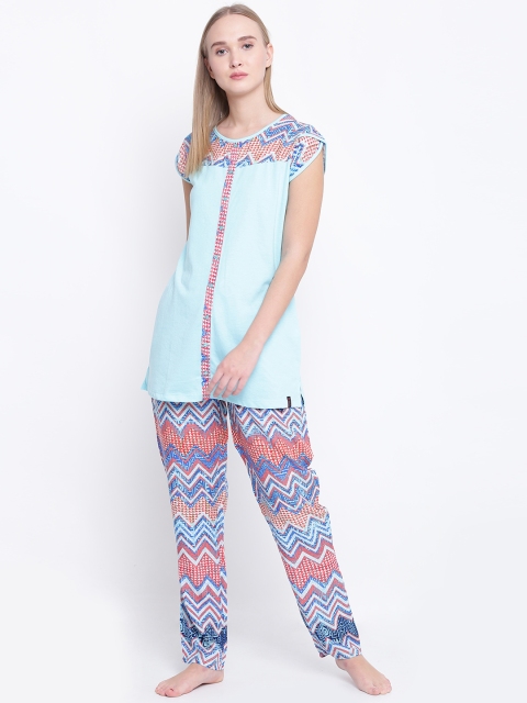 

MADAME M SECRET Blue Printed Night Suit S7S30138 266, Navy blue
