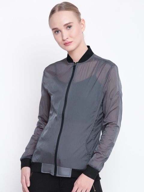 

Fort Collins Women Grey Solid Semi-Sheer Lightweight Bomber Jacket