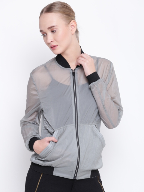 

Fort Collins Women Grey Solid Semi-Sheer Lightweight Bomber Jacket