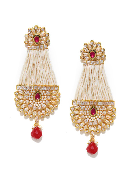 

Zobby Gold-Plated Maroon & Off-White Classic Drop Earrings