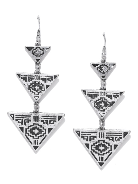 

ToniQ Oxidised Silver-Toned Textured Triangular Drop Earrings