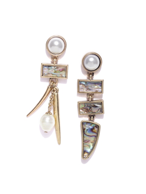 

ToniQ Gold-Toned & Off-White Geometric Stone-Studded Mismatch Drop Earrings