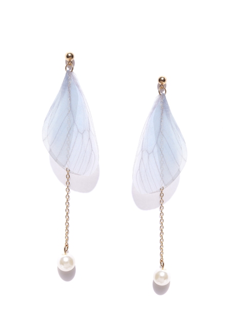 

ToniQ Gold-Toned & Blue Printed Feather Shaped Drop Earrings