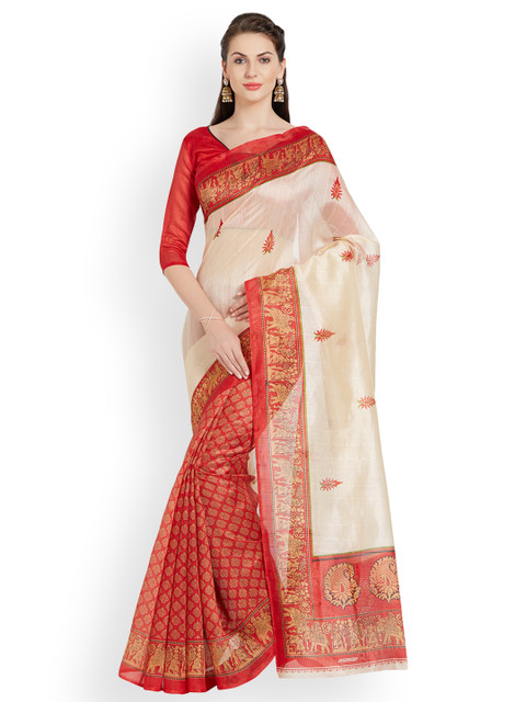 

Florence Cream & Red Poly Silk Printed Bhagalpuri Saree