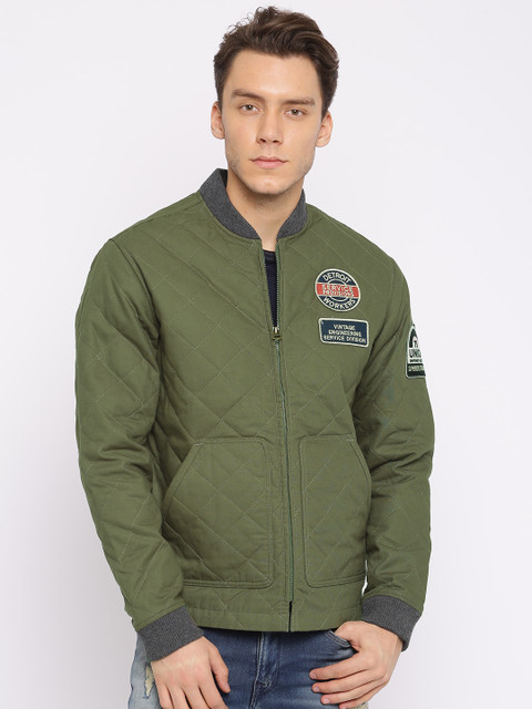 

Jack & Jones Men Olive Green Solid Quilted Jacket