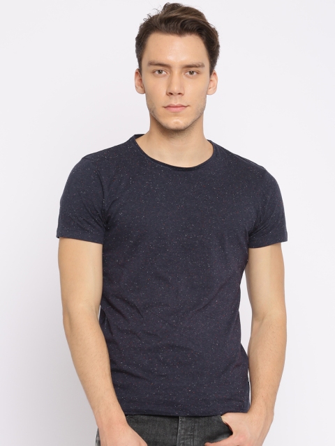 

Jack & Jones Men Navy Blue Solid Speckled Round Neck T-shirt