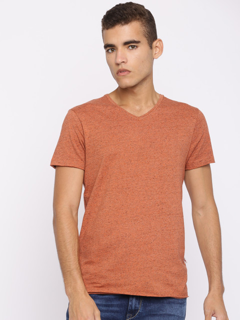 

Jack & Jones Men Orange Solid V-Neck T-shirt