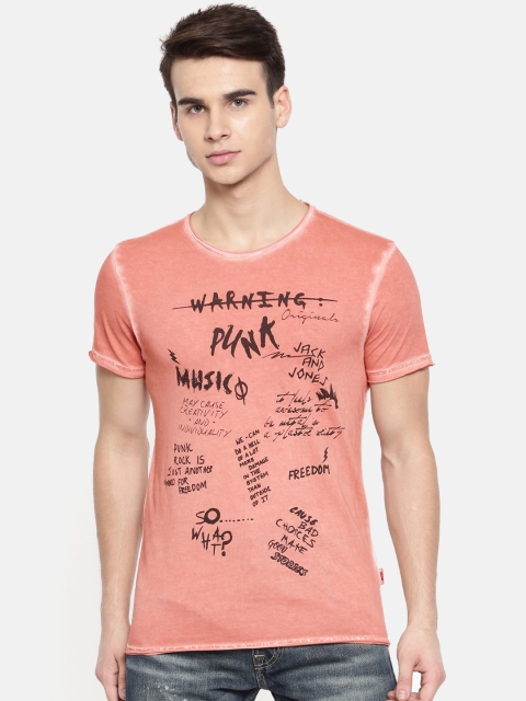 

Jack & Jones Men Peach-Coloured Printed Round Neck T-shirt