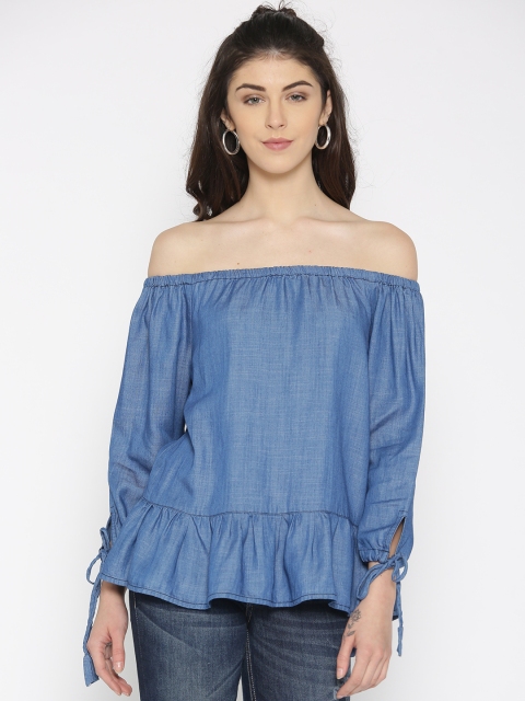 

Lee Cooper Women Blue Solid Bardot Chambray Top